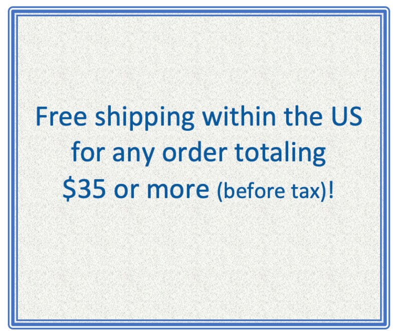 May include: Text on a blue background with a white border. The text reads: "Free shipping within the US for any order totaling $35 or more (before tax)!".