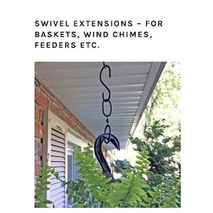 May include: Black swivel hook extension for hanging baskets, wind chimes, or feeders. The hook is attached to a chain and hangs from a ceiling.