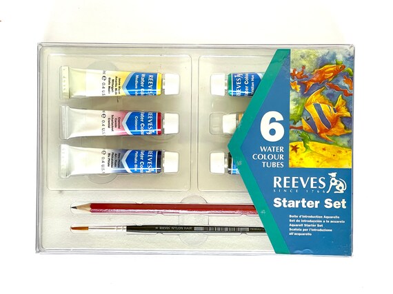 Reeves 6 Water Color Tubes Starter Set Black Green Yellow Blue Red .4 Oz  Tubes Boxed Watercolor Paint Set 