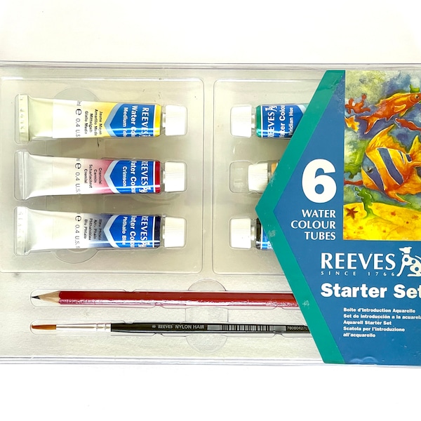 Reeves 6 Water Color Tubes Starter Set Black Green Yellow Blue Red .4 oz tubes Boxed Watercolor Paint Set