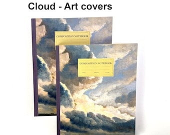 May include: Two composition notebooks featuring a cloud art cover design. Each notebook has a dark purple spine and a rectangular yellow label on the front with the text COMPOSITION NOTEBOOK, 100 Pages, Wide Ruled, 9.75 x 7.5 IN.