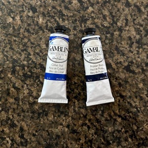 Cobalt and Prussian Blue two tubes of Gamblin artists oil paint 37ml paint tube in the edusite https://edusite.etsy.com