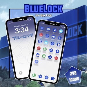 Puede incluir: Una pantalla de teléfono azul y blanca con un paquete de iconos de aplicaciones azul y blanco. La pantalla del teléfono muestra la hora 3:34 y la fecha sábado 4 de enero. El paquete de iconos de aplicaciones incluye iconos para aplicaciones como Calendario, Cámara, Fotos, Clima, Google Maps, Facebook, Instagram, y más. El paquete de iconos de aplicaciones se llama "Blue Lock" e incluye 292 iconos.