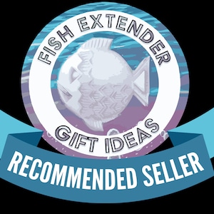 May include: A circular graphic with a white fish illustration at the center, surrounded by the words "FISH EXTENDER" and "GIFT IDEAS." A blue banner below reads "RECOMMENDED SELLER."