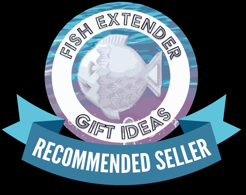 May include: A circular graphic with a white fish illustration at the center, surrounded by the words "FISH EXTENDER" and "GIFT IDEAS." A blue banner below reads "RECOMMENDED SELLER."