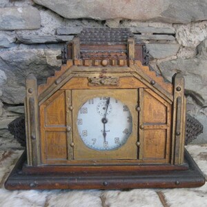 Funky Tramp Art Mantel Clock with W.L.Gilbert Clock Inside