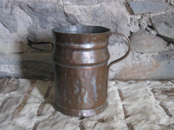 Large Rustic Patinated Copper Jug Tankard with Flower Frog Inside