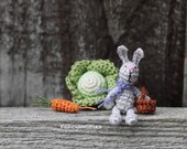 Miniature Crochet Bunny with Basket Eggs Carrot Cabbage, Crochet Doll, 1 12 scale Easter Decor Dollhouse Collectable Tiny Light Grey Rabbit