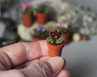 Miniature artificial vine Violet. Crochet potted plant . Crocheted miniature flower violet. Dollhouse miniature. Green, brown, vine
