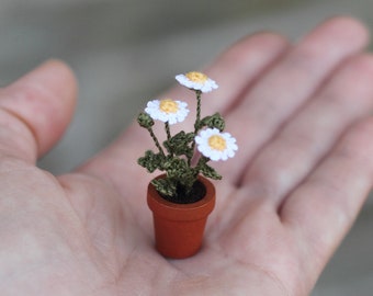 Crochet Daisies in a Pot, Dollhouse Miniature 1/12 Scale Decor Camomile, Collectable Fairy Garden, Summer Gift for Her
