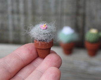 Crocheted potted plant cactus. Micro miniature cactus. Dollhouse miniature. Green, brown, pink