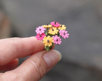 Bright Flowers Bouquet Miniature Vase Composition for Dollhouse or Mini Gift. Crochet Pink/Yellow Cone/Cosmos Flowers Miniature Home Decor