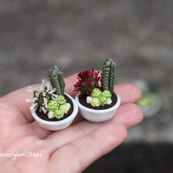 Dollhouse Miniature Plant Crochet Cacti Succulent Composition Arrangement Collectable Mini Potted Faux Plant, Indoor Fairy Garden 1/12 Scale