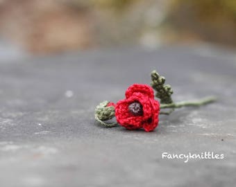 Crochet Red Poppy One Miniature Flower, 1:6 scale Remembrance Day Tiny Pin/Brooch, Collectable Home Decor for Miniature Bouquet