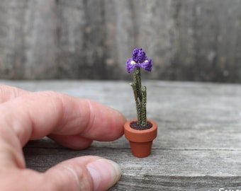 Miniature Crochet Iris Flower in the Pot for Dollhouse