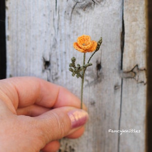 Miniature Crochet California Golden Poppy, Fiber Flower Mini Pin, Collectable Home Decor Bouquet 1:6 Scale