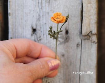 Miniature Crochet California Golden Poppy, Fiber Flower Mini Pin, Collectable Home Decor Bouquet 1:6 Scale