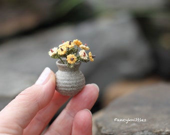 Miniature Crochet Yellow Flowers Bouquet Dollhouse Home Decor, Collectable Fiber Art, Tiny Winy Cone Flower Rudbeckia Calendula Fake Flower