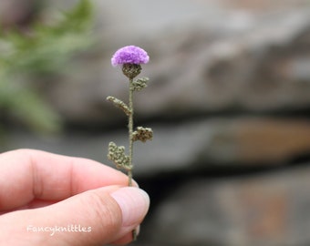 Crochet Thistle Scottish Flower Miniature, 1:6 Scale Dollhouse Home Decor, Pin Textile Brooch, Flowers Embellishment, Aries Fiber Art