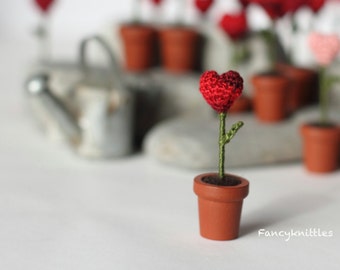 Valentine Gift Heart, One Miniature Crochet Heart in the Pot, Mother's Day Gift, Potted Flower Tiny Heart. The first picture Red is color N6