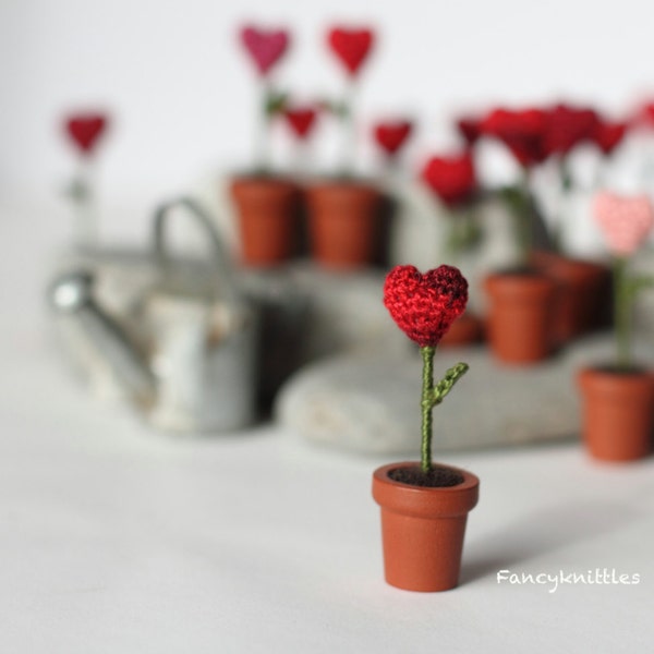 One Miniature Crochet Heart in the Pot, Valentine, Mother's Day Gift, Potted Flower Tiny Heart. The first picture Red is color N6