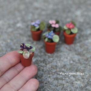 Tiny Crochet African Violet in the Wooden Pot, Dollhouse Miniature Plants, Collectable Mini Floral Gift, Fairy Garden Fake Flower 1 - black violet