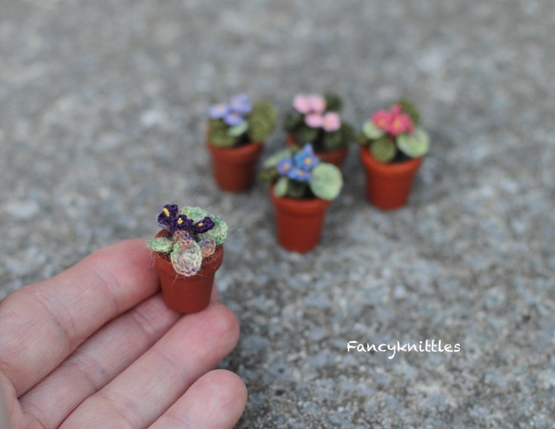 Tiny Crochet African Violet in the Wooden Pot, Dollhouse Miniature Plants, Collectable Mini Floral Gift, Fairy Garden Fake Flower 1 - black violet