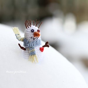Christmas Snowman Winter Holiday Miniature Home Decor, Gift for Friends, Blue Scarf Red Heart, New Year Ornament, Crochet Amigurumi Art Doll image 5