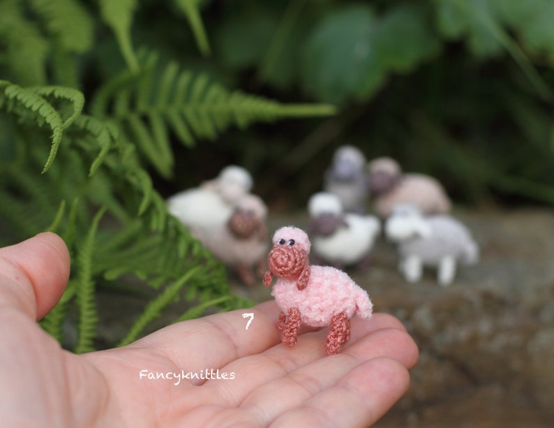 Miniature Sheep Doll, Dollhouse Crochet Toy Pet Animal, Tiny Winy Soft Plush Lamb Collectable Gift for Miniature Lovers, Indoor Fairy Garden 7 - pink-brown/pink