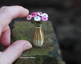 Cosmos Flowers Bouquet Miniature Vase Composition for Dollhouse or Simple Mini Gift. Crochet Pink Cone Flowers Miniature Home Decor