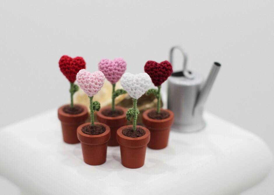 Coeurs Miniatures de Fleurs Dans Les Pots, Ensemble Cinq, Cadeau Jour Mère, Décor Maison, Coeurs Min