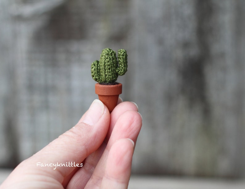 Cactus plant crocheted miniature. Potted plant. Green crochet image 1