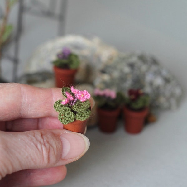 Miniature artificial rosy pink Violet. Crochet potted plant . Crocheted miniature flower violet. Dollhouse miniature. Fairy garden flower