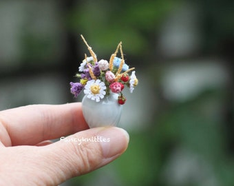 Wild flowers bouquet crochet dollhouse miniature bunch of field flowers in a white ceramic vase collectable fairy garden summer decor