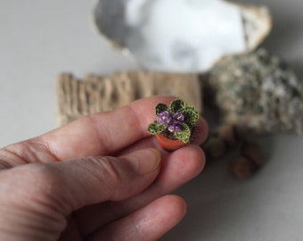 Miniature Faux Violet Fake Flower Crochet Potted Plant, Crocheted Miniature Fiber Art Violet, Dollhouse Miniature, Green Brown Lilac