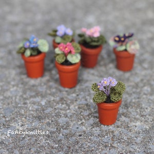 Tiny Crochet African Violet in the Wooden Pot, Dollhouse Miniature Plants, Collectable Mini Floral Gift, Fairy Garden Fake Flower 4 - light purple