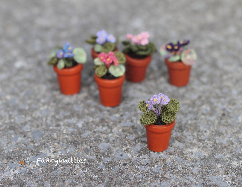 Tiny Crochet African Violet in the Wooden Pot, Dollhouse Miniature Plants, Collectable Mini Floral Gift, Fairy Garden Fake Flower 4 - light purple