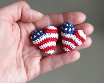 Crochet Heart Christmas Home Decor, Stars and Stripes American Flag Heart Brooch Pin, Crochet Heart Patriotic Gift, Blue Red White