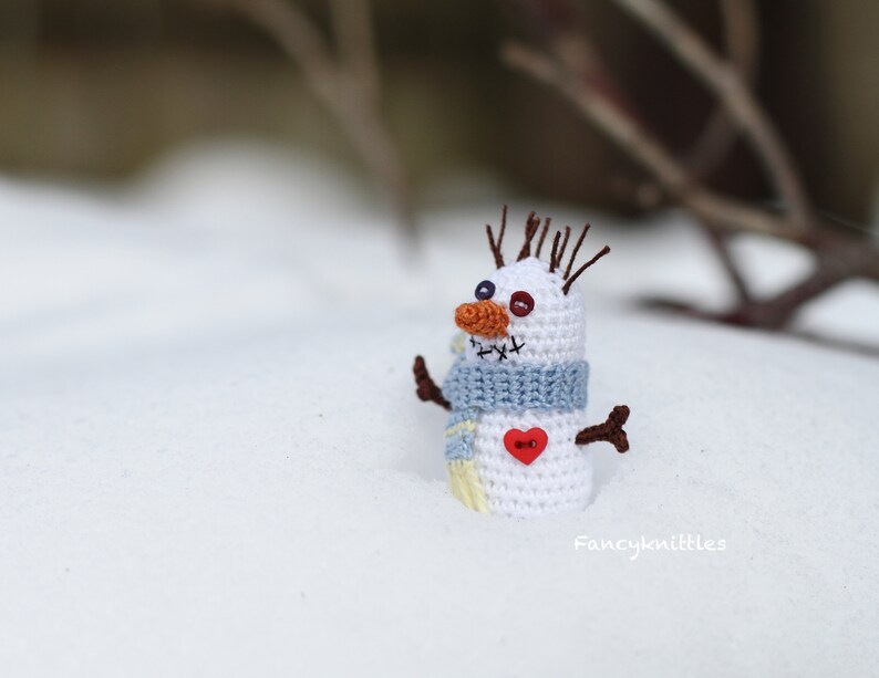 Christmas Snowman Winter Holiday Miniature Home Decor, Gift for Friends, Blue Scarf Red Heart, New Year Ornament, Crochet Amigurumi Art Doll image 3