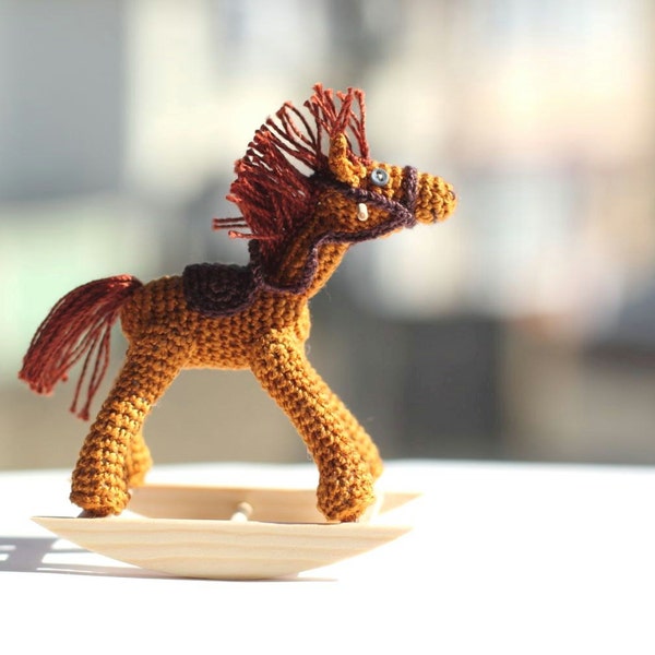 Crochet miniature Rocking Horse. Dollhouse miniature. Collectable Art Doll. Brown Horse.