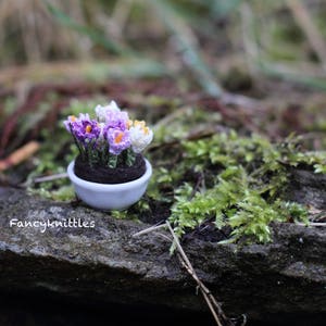 May include: A small white pot with purple and white crocheted crocus flowers. The pot is sitting on a mossy rock.