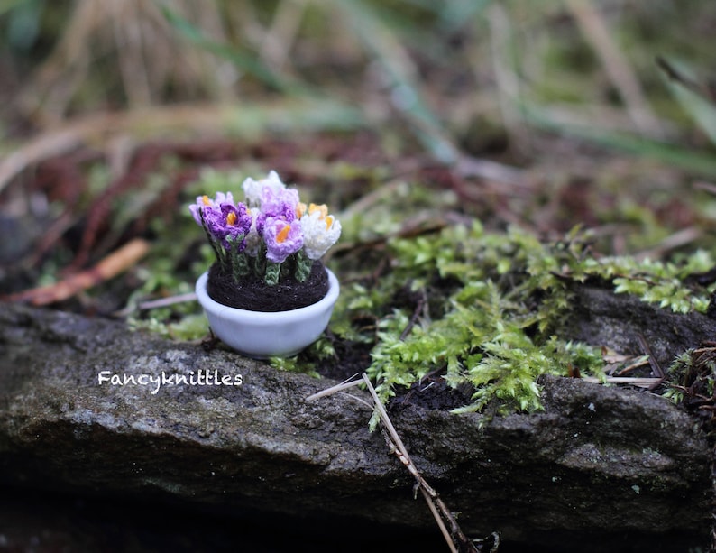 May include: A small white pot with purple and white crocheted crocus flowers. The pot is sitting on a mossy rock.