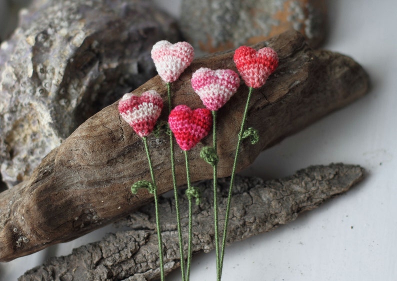 Five pink Flower hearts, Wedding Decoration, valentine gift, book-marker, crochet art image 2