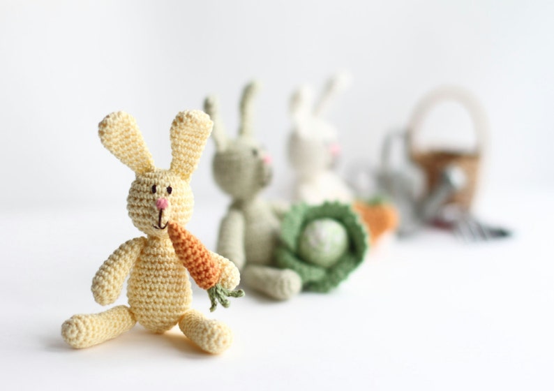 Easter crochet miniature light yellow RABBIT simple bunny with carrot cabbage crochet art doll toy sweet gift amigurumi primitive image 2