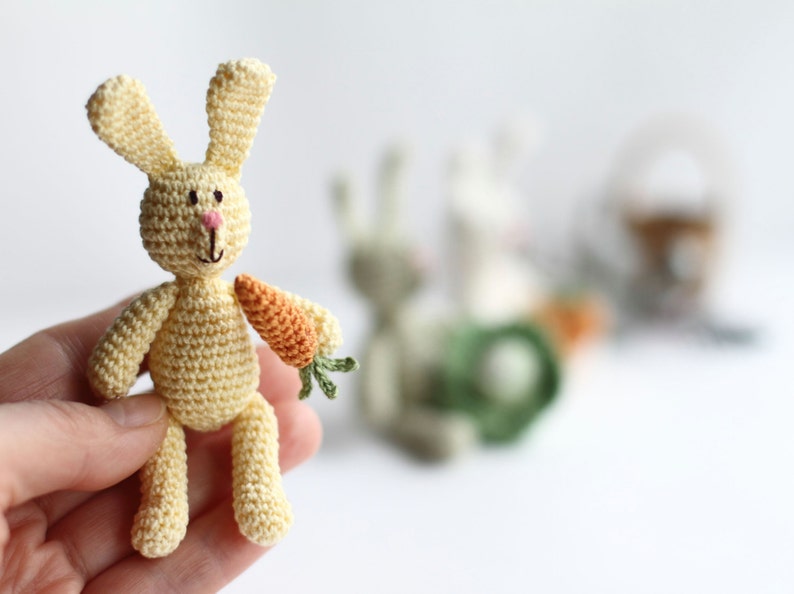 Easter crochet miniature light yellow RABBIT simple bunny with carrot cabbage crochet art doll toy sweet gift amigurumi primitive image 1