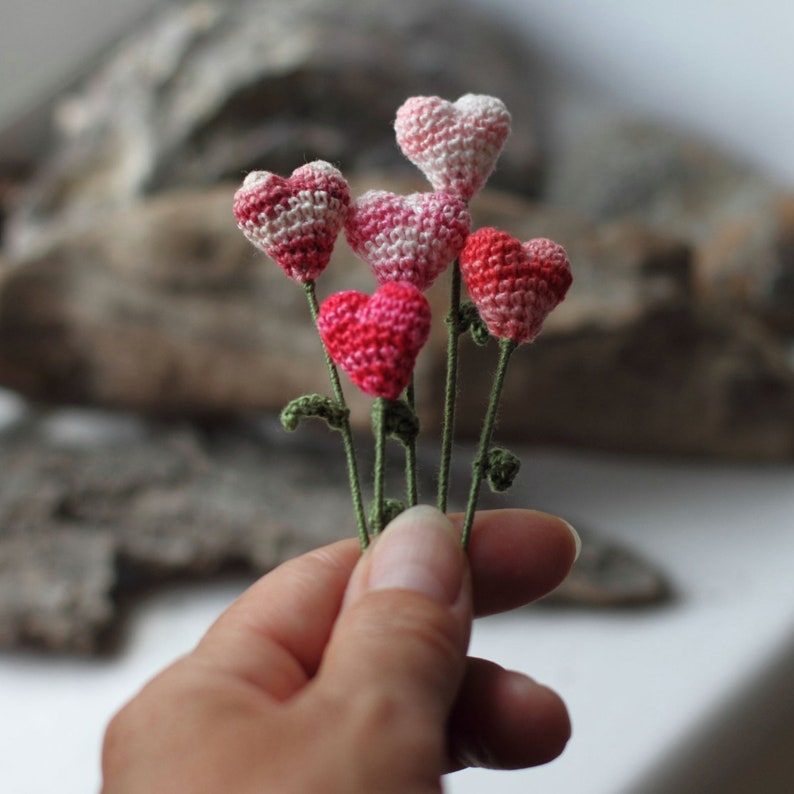 Five pink Flower hearts, Wedding Decoration, valentine gift, book-marker, crochet art image 1