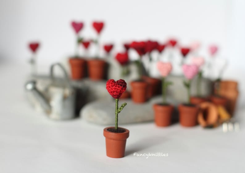 Valentine Gift Heart, One Miniature Crochet Heart in the Pot, Mother's Day Gift, Potted Flower Tiny Heart. The first picture Red is color N6 image 1