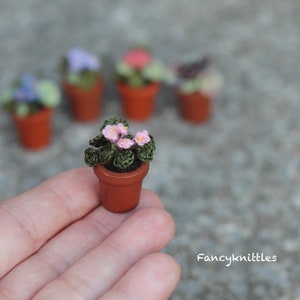 Tiny Crochet African Violet in the Wooden Pot, Dollhouse Miniature Plants, Collectable Mini Floral Gift, Fairy Garden Fake Flower 3 - little pink