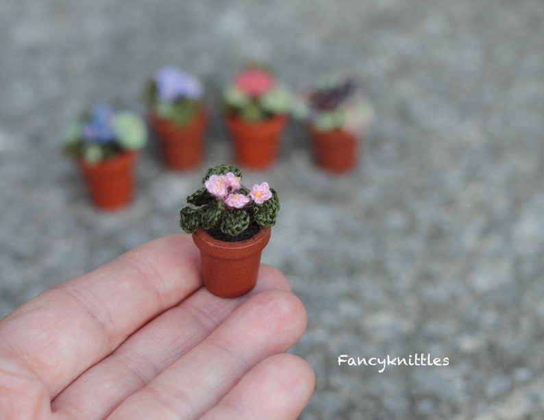 Tiny Crochet African Violet in the Wooden Pot, Dollhouse Miniature Plants, Collectable Mini Floral Gift, Fairy Garden Fake Flower 3 - little pink