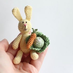 Easter crochet miniature light yellow RABBIT simple bunny with carrot cabbage crochet art doll toy sweet gift amigurumi primitive image 5